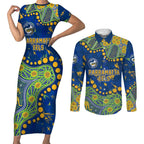 Personalized Parramatta Eels Couples Matching Short Sleeve Bodycon Dress and Long Sleeve Button Shirt Aboriginal Pattern with Graffiti Style Design
