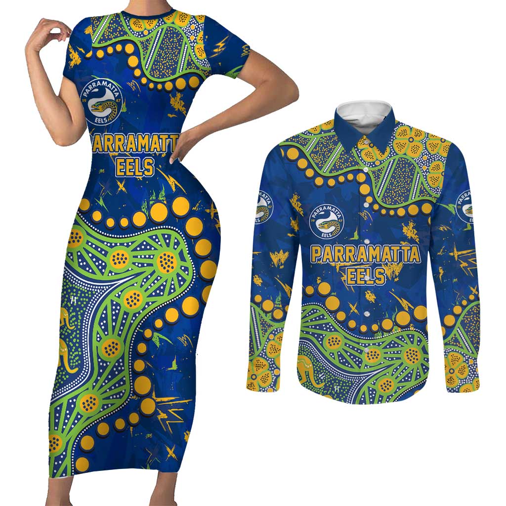 Personalized Parramatta Eels Couples Matching Short Sleeve Bodycon Dress and Long Sleeve Button Shirt Aboriginal Pattern with Graffiti Style Design