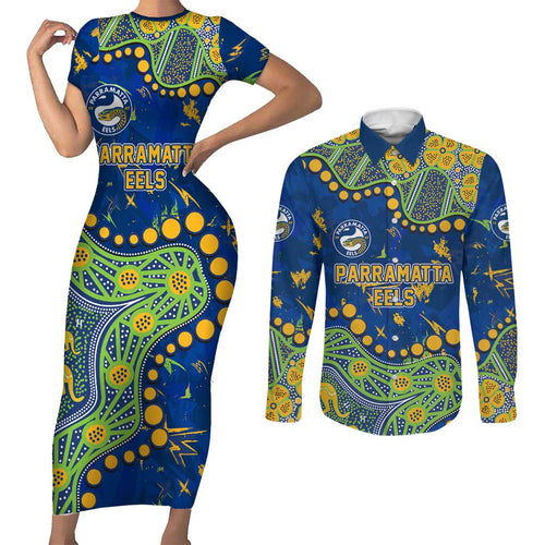 Personalized Parramatta Eels Couples Matching Short Sleeve Bodycon Dress and Long Sleeve Button Shirt Aboriginal Pattern with Graffiti Style Design