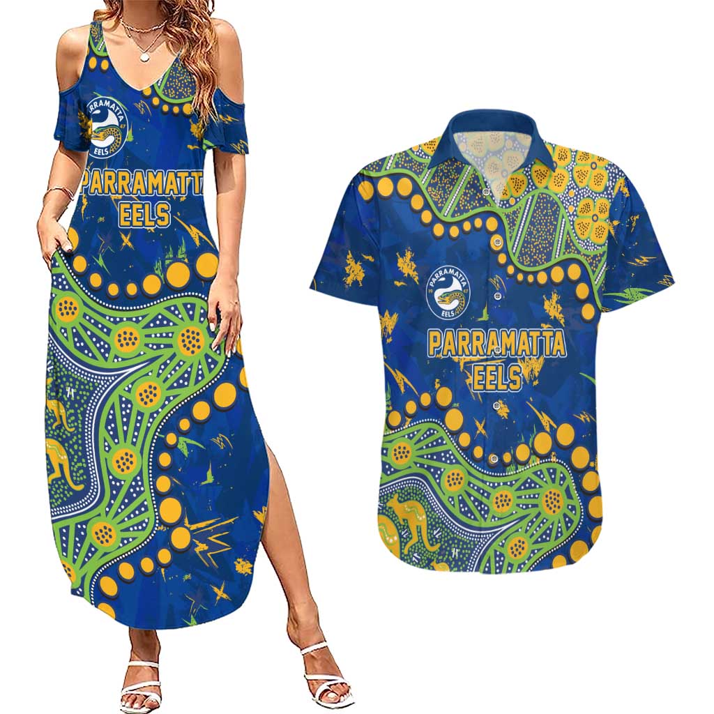 Personalized Parramatta Eels Couples Matching Summer Maxi Dress and Hawaiian Shirt Aboriginal Pattern with Graffiti Style Design
