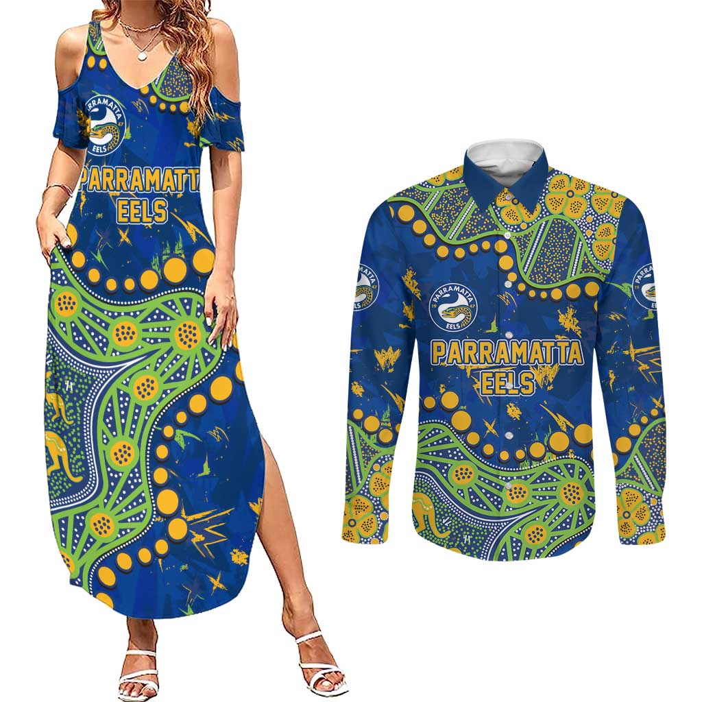 Personalized Parramatta Eels Couples Matching Summer Maxi Dress and Long Sleeve Button Shirt Aboriginal Pattern with Graffiti Style Design