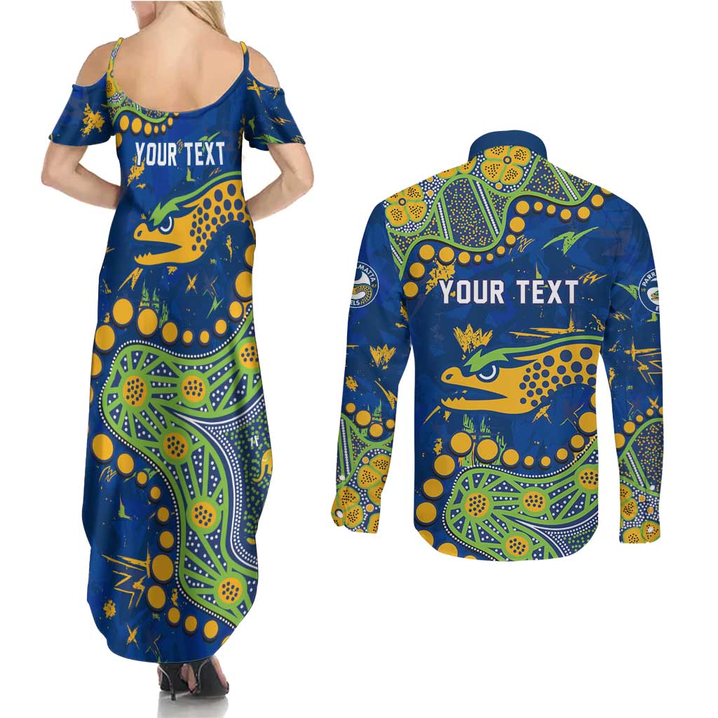Personalized Parramatta Eels Couples Matching Summer Maxi Dress and Long Sleeve Button Shirt Aboriginal Pattern with Graffiti Style Design