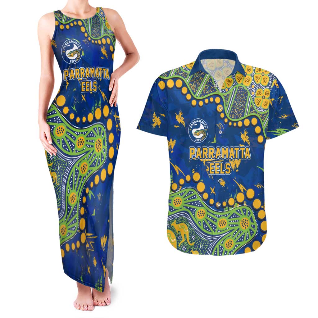 Personalized Parramatta Eels Couples Matching Tank Maxi Dress and Hawaiian Shirt Aboriginal Pattern with Graffiti Style Design