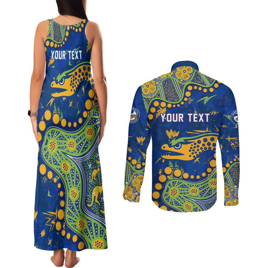 Personalized Parramatta Eels Couples Matching Tank Maxi Dress and Long Sleeve Button Shirt Aboriginal Pattern with Graffiti Style Design