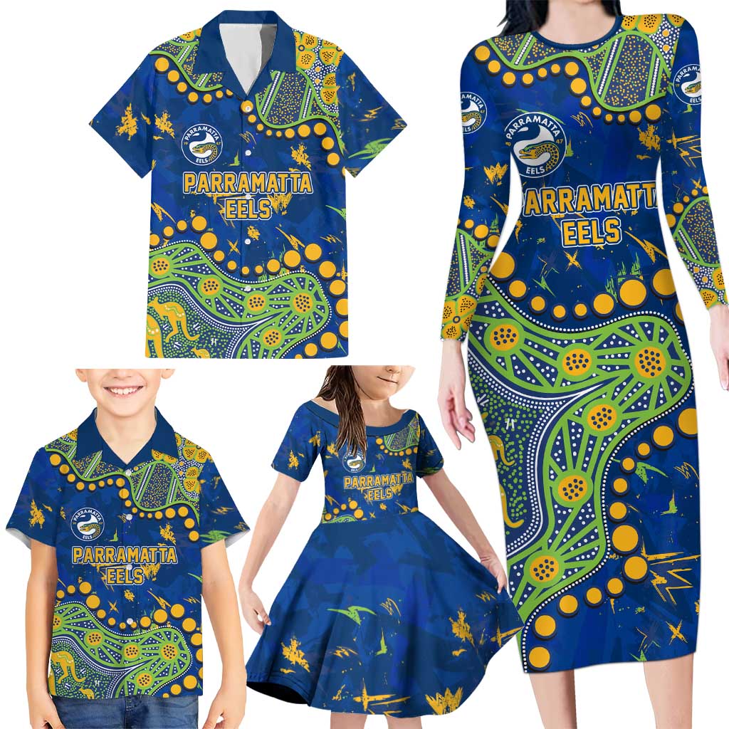 Personalized Parramatta Eels Family Matching Long Sleeve Bodycon Dress and Hawaiian Shirt Aboriginal Pattern with Graffiti Style Design