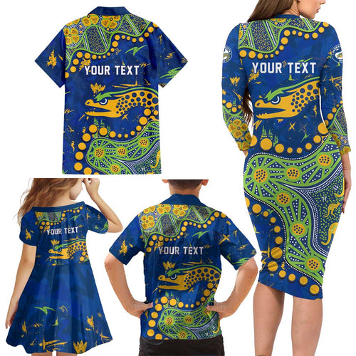 Personalized Parramatta Eels Family Matching Long Sleeve Bodycon Dress and Hawaiian Shirt Aboriginal Pattern with Graffiti Style Design