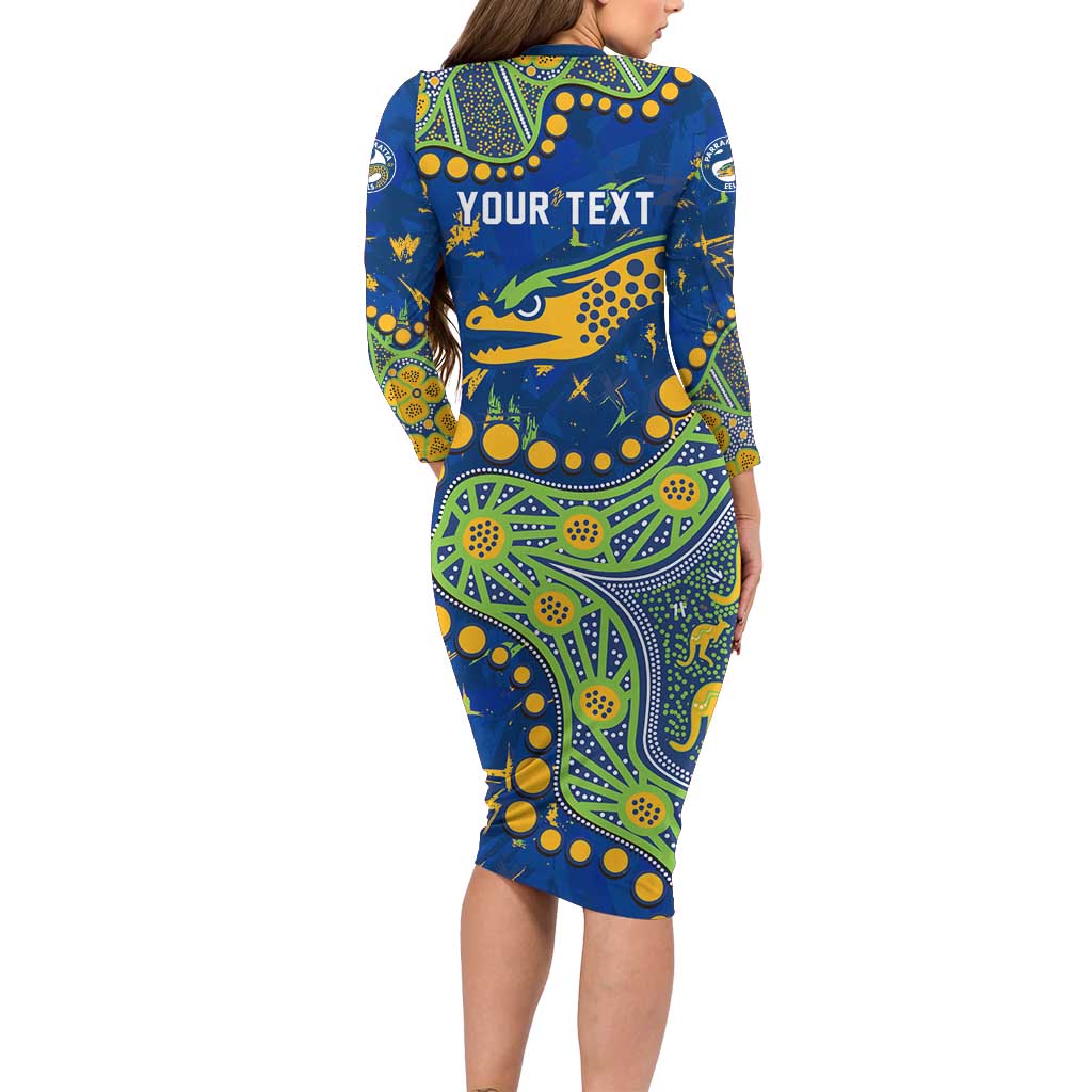 Personalized Parramatta Eels Family Matching Long Sleeve Bodycon Dress and Hawaiian Shirt Aboriginal Pattern with Graffiti Style Design