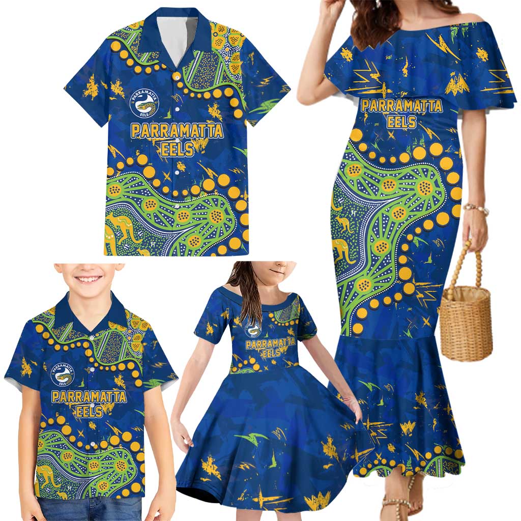 Personalized Parramatta Eels Family Matching Mermaid Dress and Hawaiian Shirt Aboriginal Pattern with Graffiti Style Design