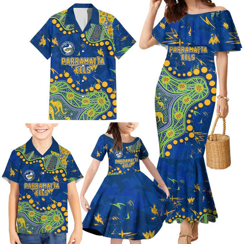 Personalized Parramatta Eels Family Matching Mermaid Dress and Hawaiian Shirt Aboriginal Pattern with Graffiti Style Design