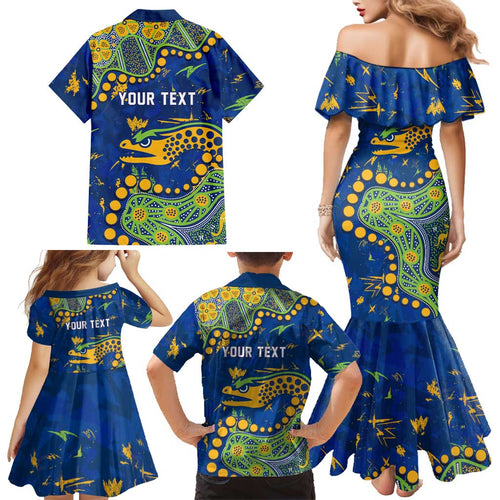 Personalized Parramatta Eels Family Matching Mermaid Dress and Hawaiian Shirt Aboriginal Pattern with Graffiti Style Design