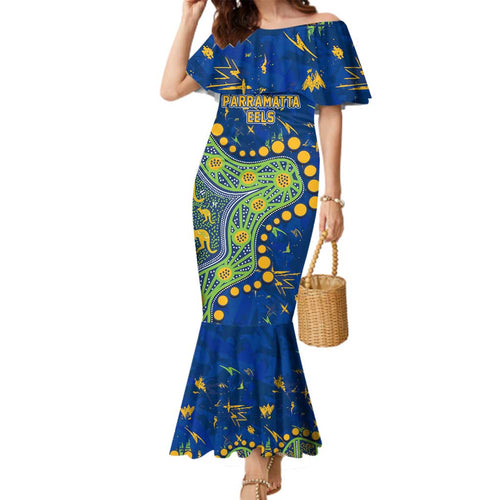 Personalized Parramatta Eels Family Matching Mermaid Dress and Hawaiian Shirt Aboriginal Pattern with Graffiti Style Design