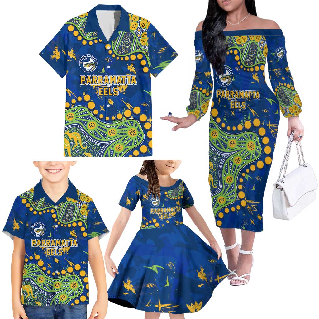 Personalized Parramatta Eels Family Matching Off The Shoulder Long Sleeve Dress and Hawaiian Shirt Aboriginal Pattern with Graffiti Style Design