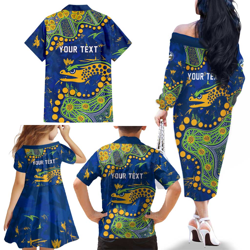 Personalized Parramatta Eels Family Matching Off The Shoulder Long Sleeve Dress and Hawaiian Shirt Aboriginal Pattern with Graffiti Style Design