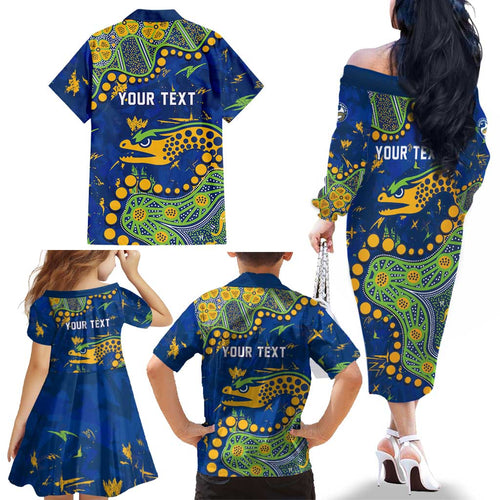 Personalized Parramatta Eels Family Matching Off The Shoulder Long Sleeve Dress and Hawaiian Shirt Aboriginal Pattern with Graffiti Style Design