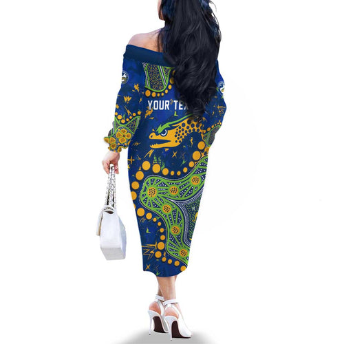 Personalized Parramatta Eels Family Matching Off The Shoulder Long Sleeve Dress and Hawaiian Shirt Aboriginal Pattern with Graffiti Style Design