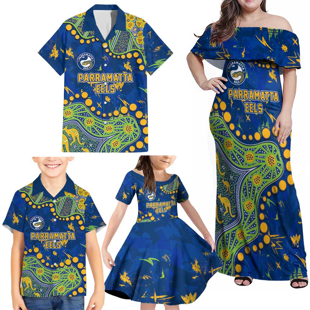 Personalized Parramatta Eels Family Matching Off Shoulder Maxi Dress and Hawaiian Shirt Aboriginal Pattern with Graffiti Style Design