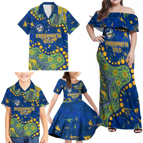 Personalized Parramatta Eels Family Matching Off Shoulder Maxi Dress and Hawaiian Shirt Aboriginal Pattern with Graffiti Style Design