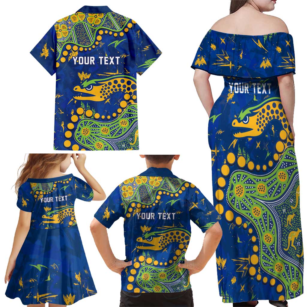 Personalized Parramatta Eels Family Matching Off Shoulder Maxi Dress and Hawaiian Shirt Aboriginal Pattern with Graffiti Style Design