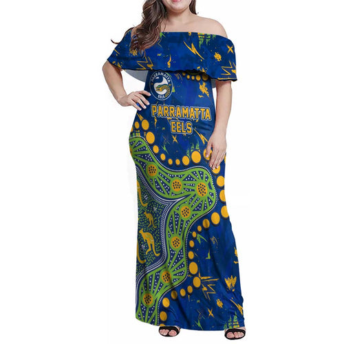 Personalized Parramatta Eels Family Matching Off Shoulder Maxi Dress and Hawaiian Shirt Aboriginal Pattern with Graffiti Style Design