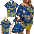 Personalized Parramatta Eels Family Matching Off Shoulder Short Dress and Hawaiian Shirt Aboriginal Pattern with Graffiti Style Design