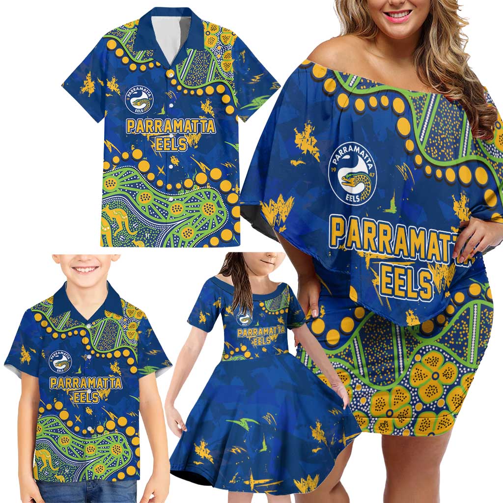 Personalized Parramatta Eels Family Matching Off Shoulder Short Dress and Hawaiian Shirt Aboriginal Pattern with Graffiti Style Design