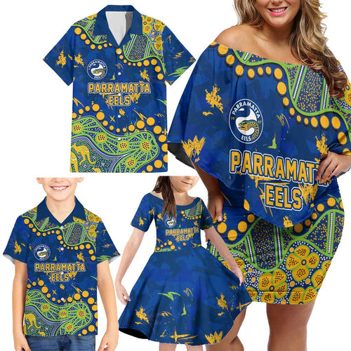 Personalized Parramatta Eels Family Matching Off Shoulder Short Dress and Hawaiian Shirt Aboriginal Pattern with Graffiti Style Design