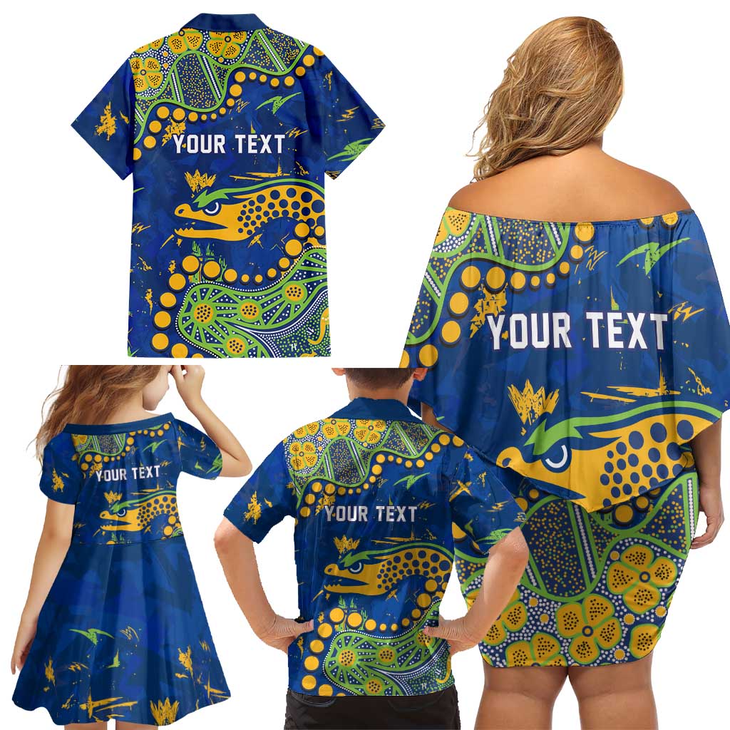 Personalized Parramatta Eels Family Matching Off Shoulder Short Dress and Hawaiian Shirt Aboriginal Pattern with Graffiti Style Design