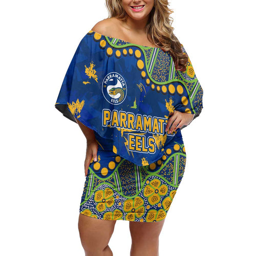 Personalized Parramatta Eels Family Matching Off Shoulder Short Dress and Hawaiian Shirt Aboriginal Pattern with Graffiti Style Design
