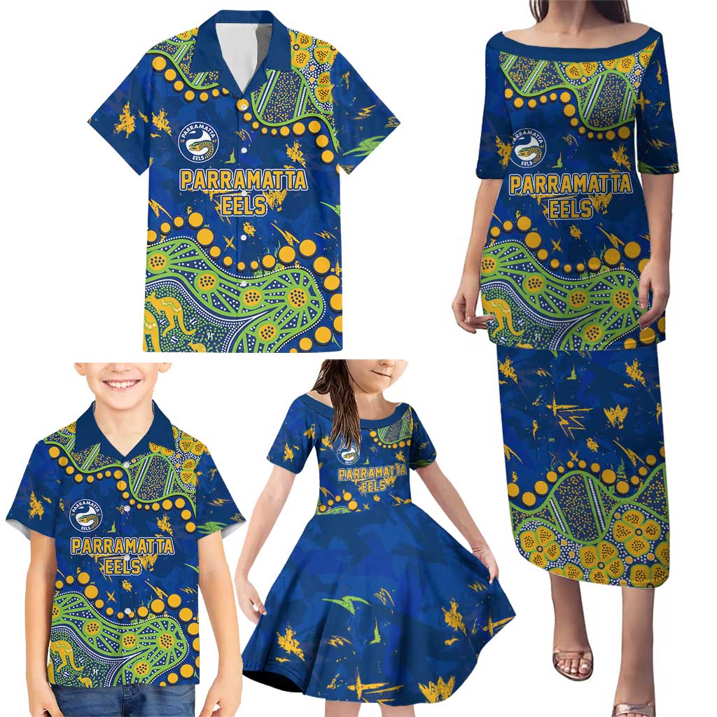 Personalized Parramatta Eels Family Matching Puletasi and Hawaiian Shirt Aboriginal Pattern with Graffiti Style Design