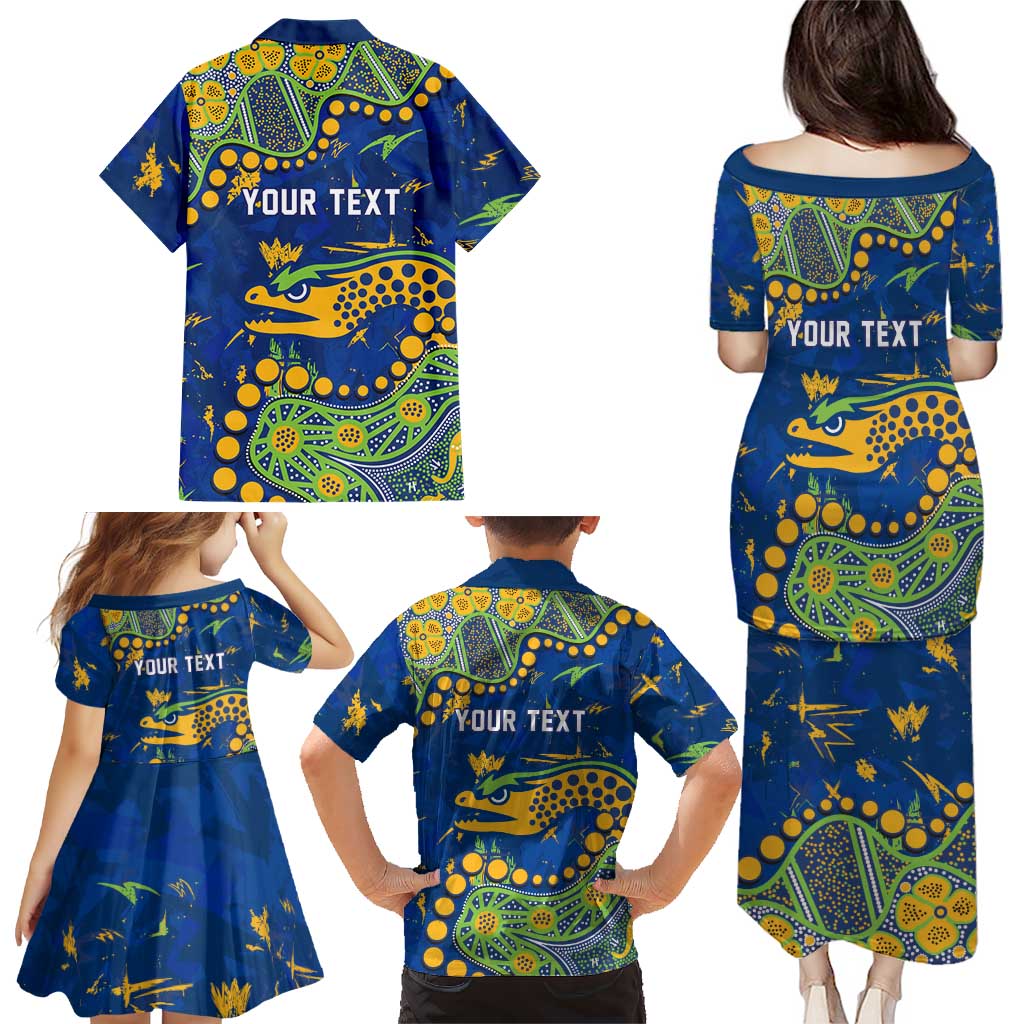 Personalized Parramatta Eels Family Matching Puletasi and Hawaiian Shirt Aboriginal Pattern with Graffiti Style Design