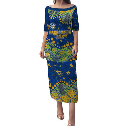 Personalized Parramatta Eels Family Matching Puletasi and Hawaiian Shirt Aboriginal Pattern with Graffiti Style Design