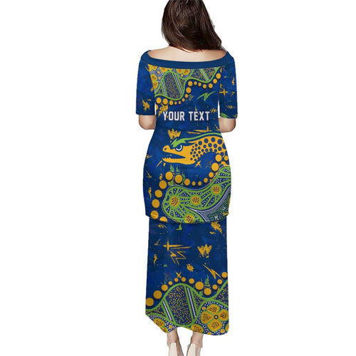 Personalized Parramatta Eels Family Matching Puletasi and Hawaiian Shirt Aboriginal Pattern with Graffiti Style Design