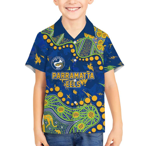 Personalized Parramatta Eels Family Matching Puletasi and Hawaiian Shirt Aboriginal Pattern with Graffiti Style Design
