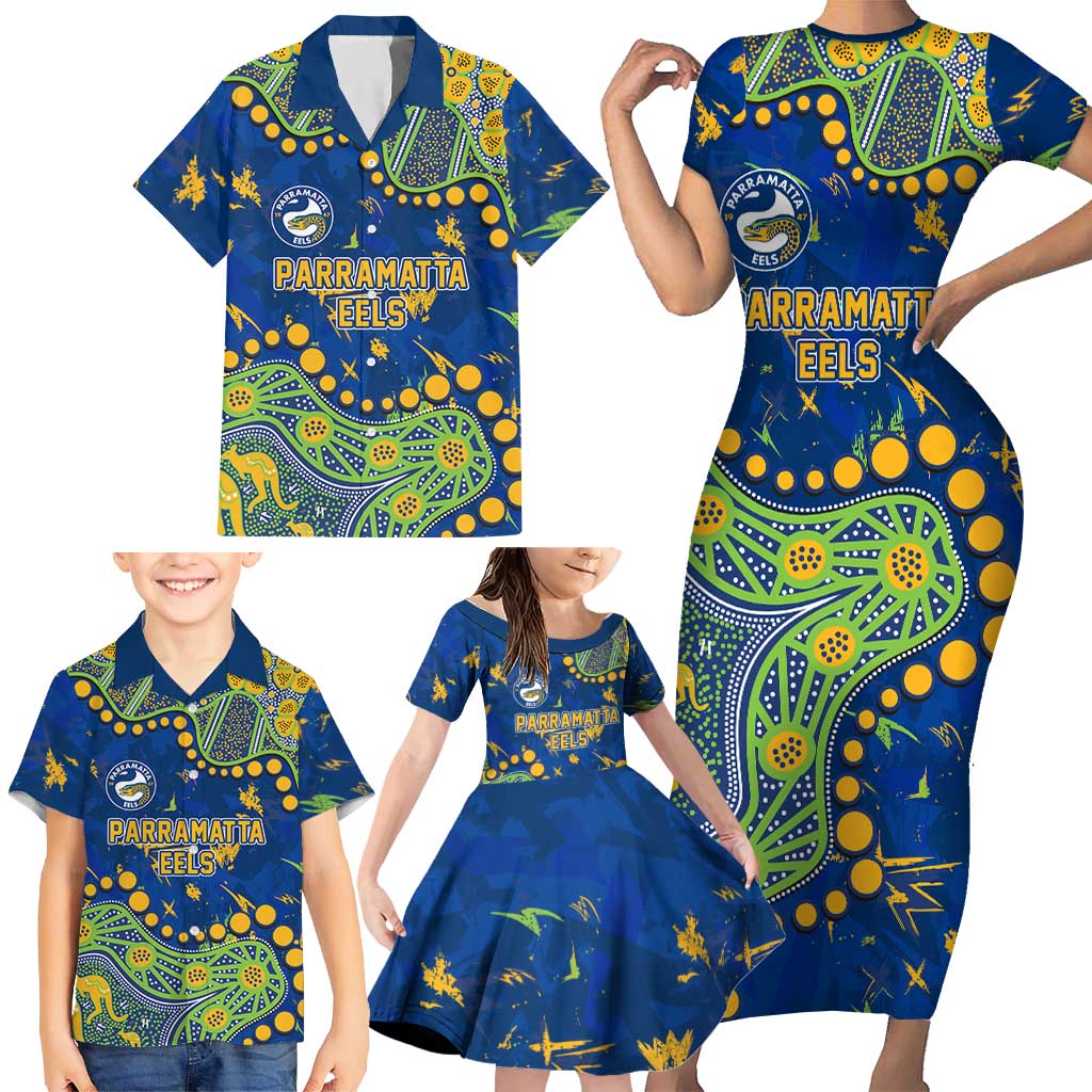 Personalized Parramatta Eels Family Matching Short Sleeve Bodycon Dress and Hawaiian Shirt Aboriginal Pattern with Graffiti Style Design