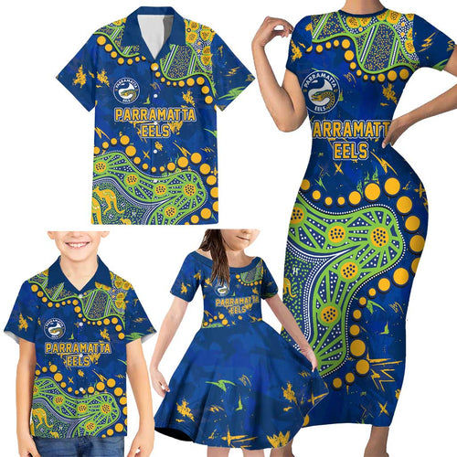 Personalized Parramatta Eels Family Matching Short Sleeve Bodycon Dress and Hawaiian Shirt Aboriginal Pattern with Graffiti Style Design