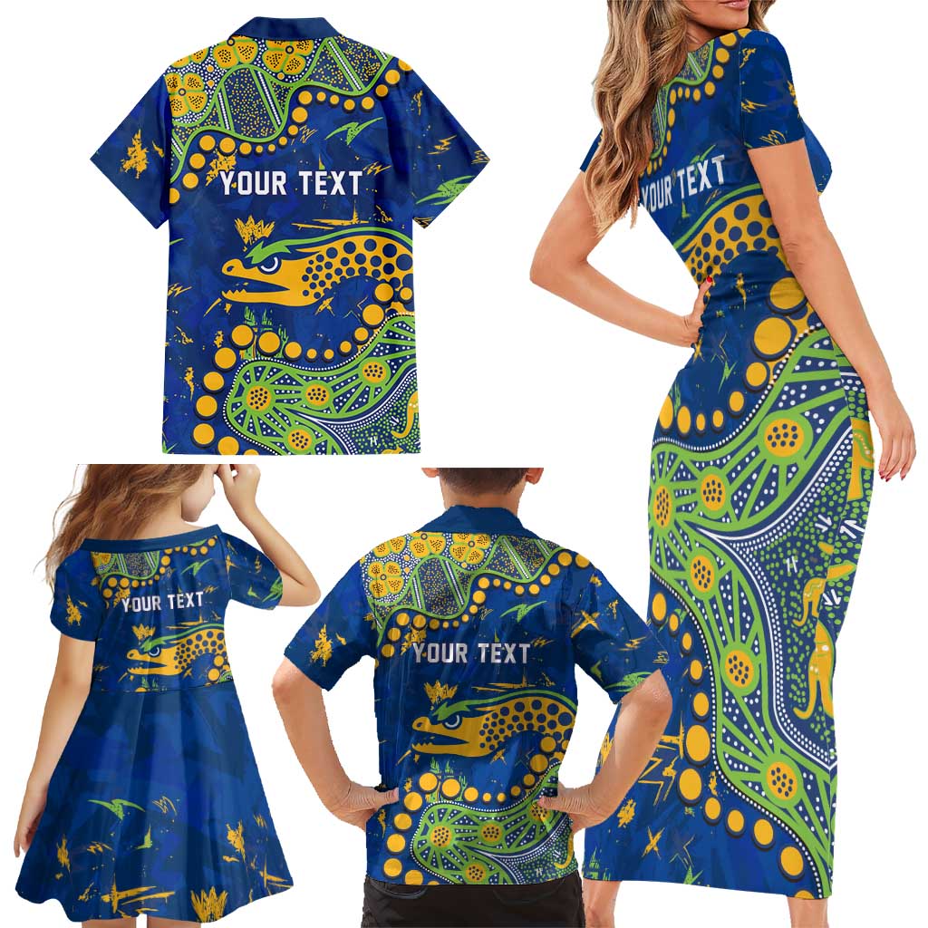 Personalized Parramatta Eels Family Matching Short Sleeve Bodycon Dress and Hawaiian Shirt Aboriginal Pattern with Graffiti Style Design