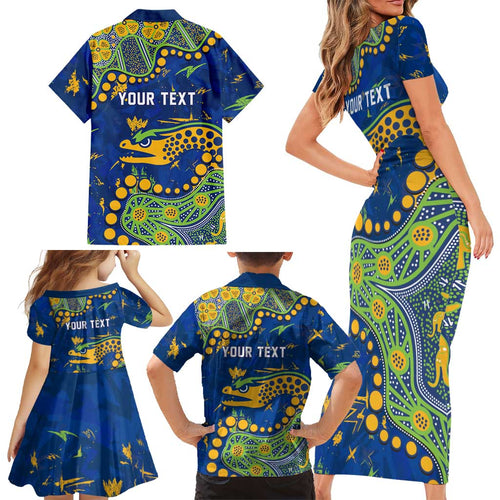 Personalized Parramatta Eels Family Matching Short Sleeve Bodycon Dress and Hawaiian Shirt Aboriginal Pattern with Graffiti Style Design