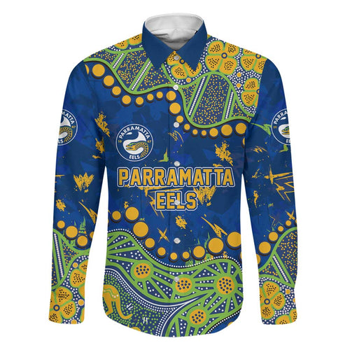Personalized Parramatta Eels Family Matching Short Sleeve Bodycon Dress and Hawaiian Shirt Aboriginal Pattern with Graffiti Style Design