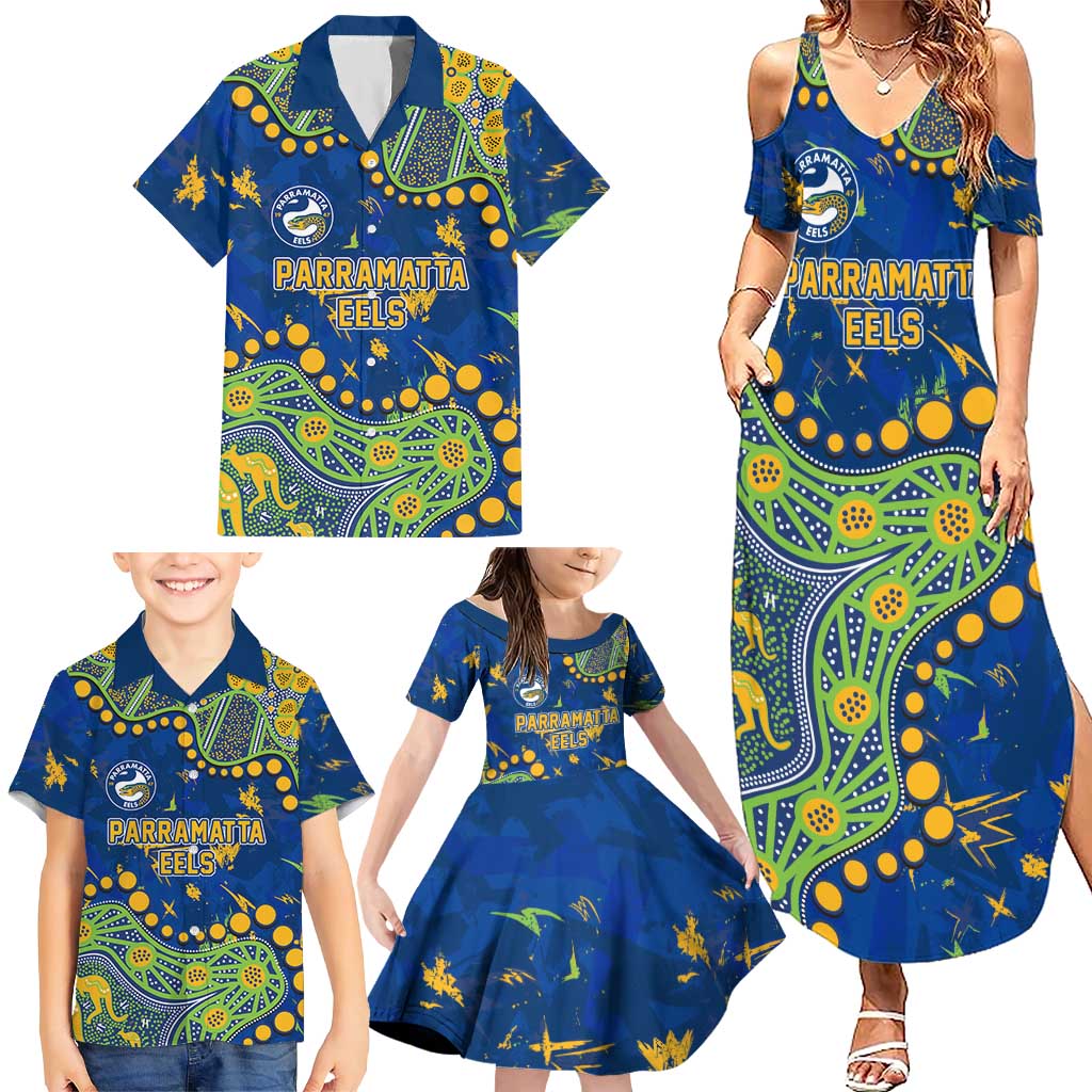 Personalized Parramatta Eels Family Matching Summer Maxi Dress and Hawaiian Shirt Aboriginal Pattern with Graffiti Style Design