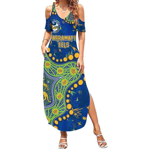Personalized Parramatta Eels Family Matching Summer Maxi Dress and Hawaiian Shirt Aboriginal Pattern with Graffiti Style Design