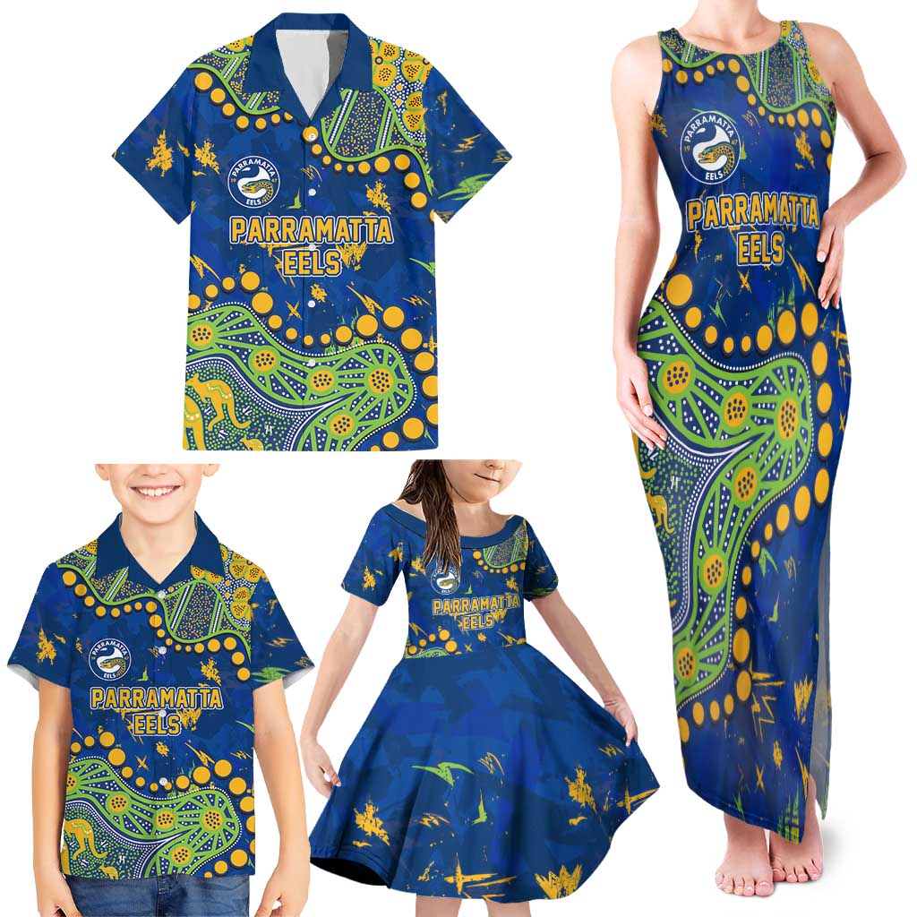 Personalized Parramatta Eels Family Matching Tank Maxi Dress and Hawaiian Shirt Aboriginal Pattern with Graffiti Style Design