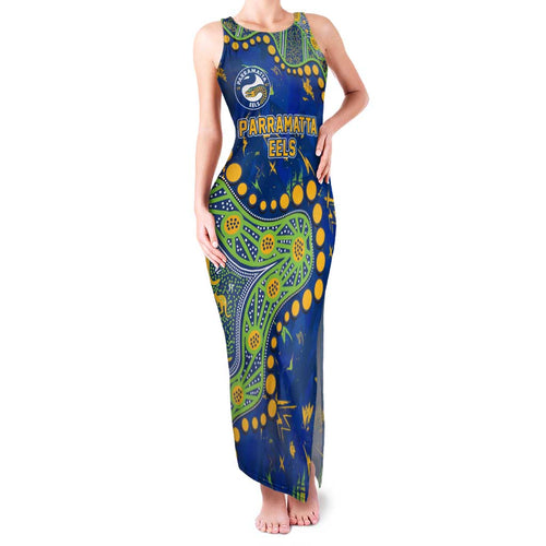 Personalized Parramatta Eels Family Matching Tank Maxi Dress and Hawaiian Shirt Aboriginal Pattern with Graffiti Style Design