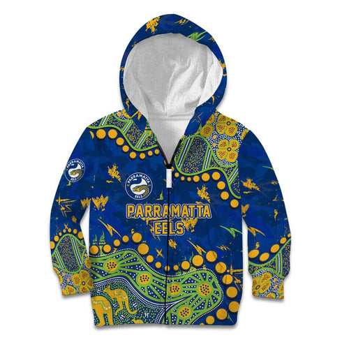 Personalized Parramatta Eels Kid Hoodie Aboriginal Pattern with Graffiti Style Design