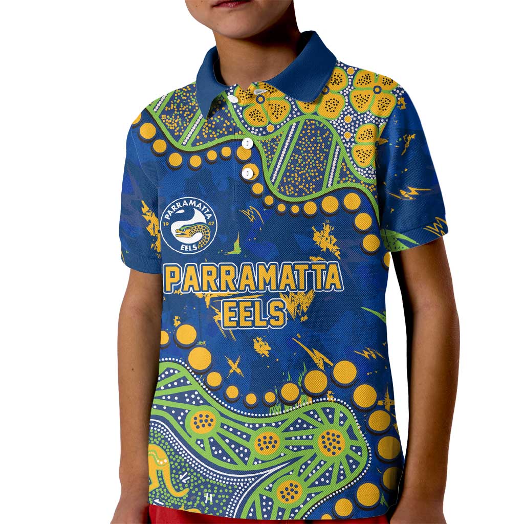 Personalized Parramatta Eels Kid Polo Shirt Aboriginal Pattern with Graffiti Style Design