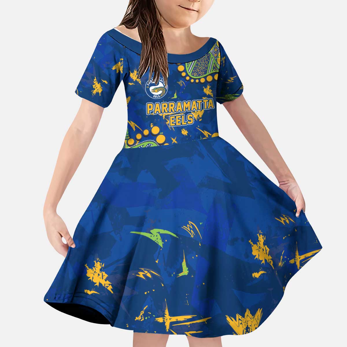 Personalized Parramatta Eels Kid Short Sleeve Dress Aboriginal Pattern with Graffiti Style Design