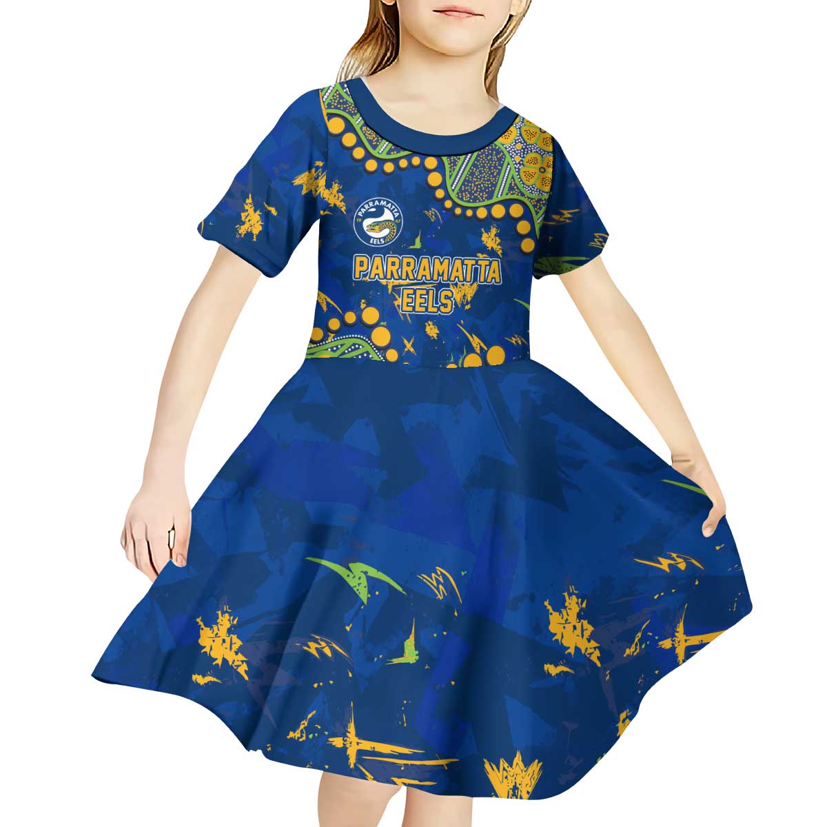 Personalized Parramatta Eels Kid Short Sleeve Dress Aboriginal Pattern with Graffiti Style Design