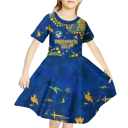 Personalized Parramatta Eels Kid Short Sleeve Dress Aboriginal Pattern with Graffiti Style Design