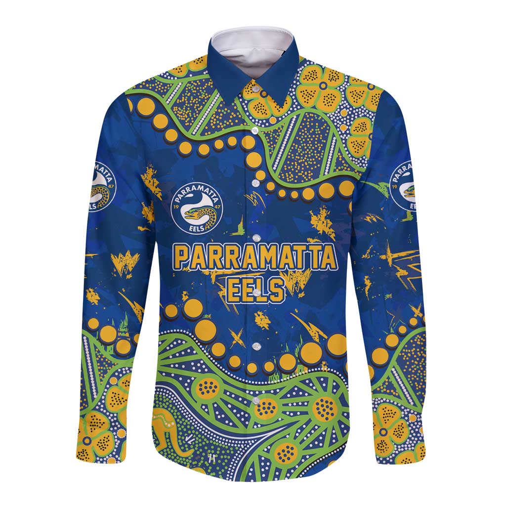 Personalized Parramatta Eels Long Sleeve Button Shirt Aboriginal Pattern with Graffiti Style Design