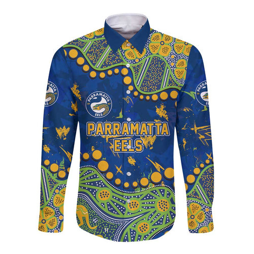 Personalized Parramatta Eels Long Sleeve Button Shirt Aboriginal Pattern with Graffiti Style Design