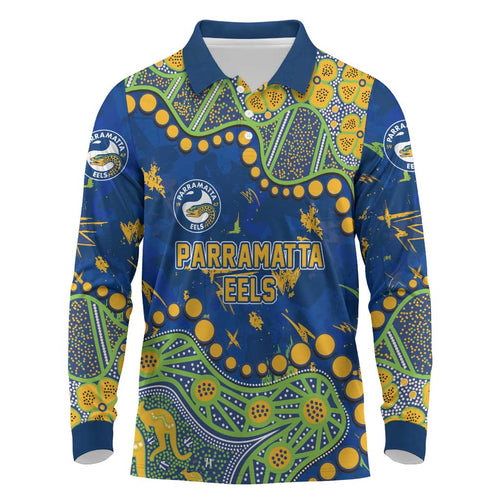 Personalized Parramatta Eels Long Sleeve Polo Shirt Aboriginal Pattern with Graffiti Style Design